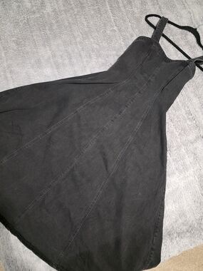 Moussy Black Denim Dress with Thin Straps, Pockets Zip Back.